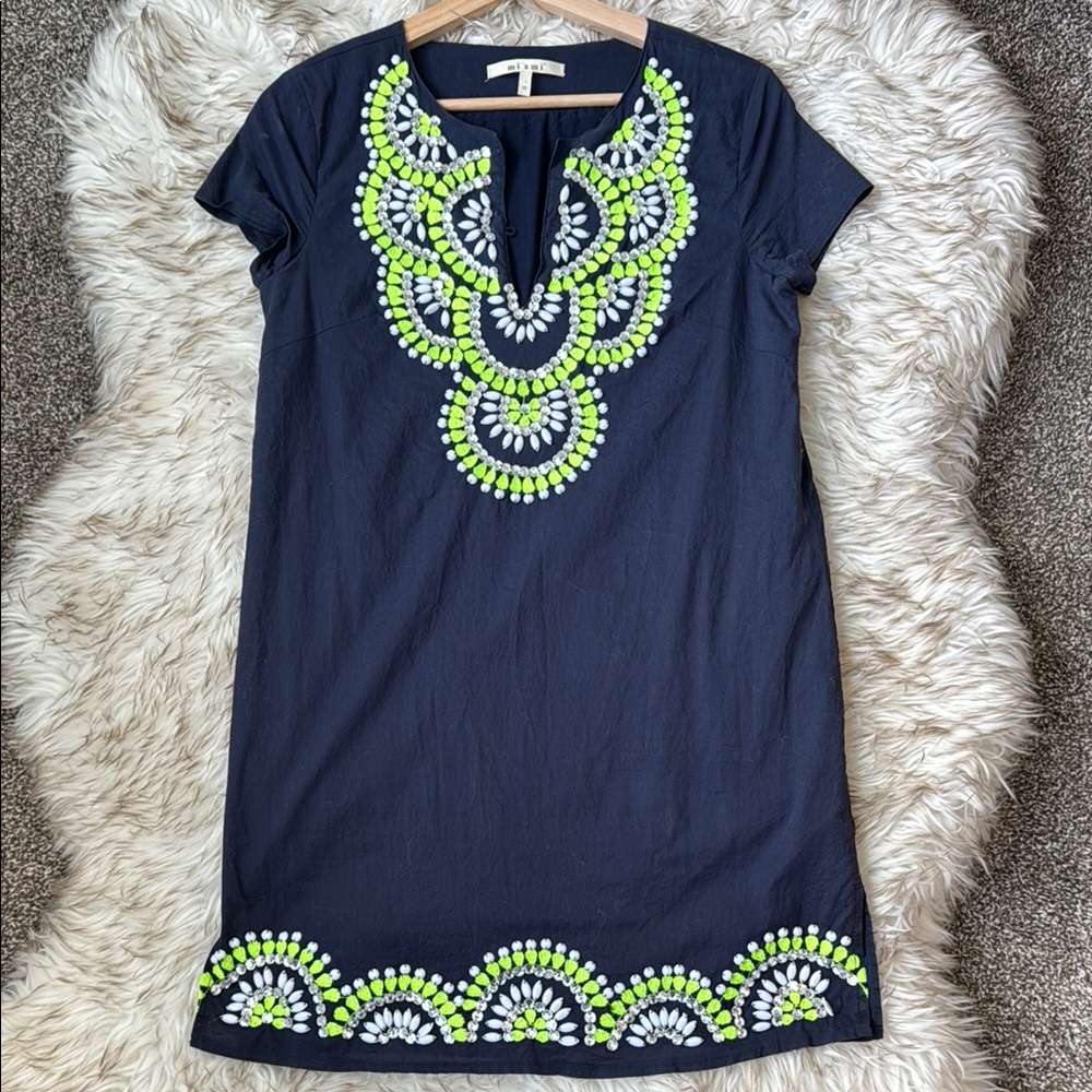 Stunning Linen Shift Dress with Neon Green and White Embroidery/ Embellishment